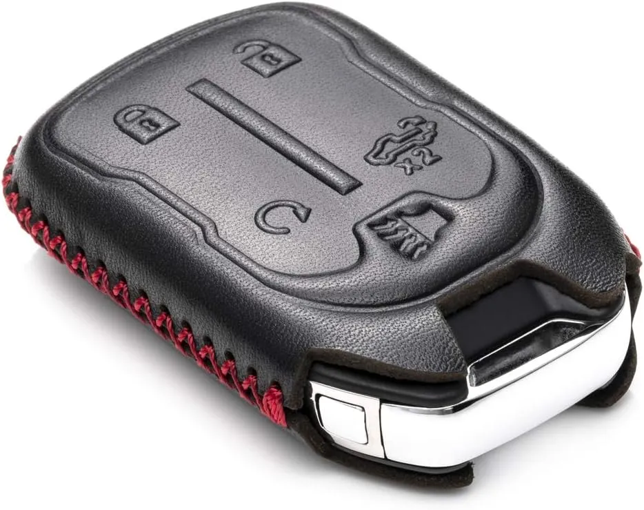 Vitodeco Leather Smart Key Fob Case Compatible with Chevrolet Silverado 1500, 2500, 3500 2019 - 2023, GMC Sierra 2019 - 2023 (5-Button, Black/Red)