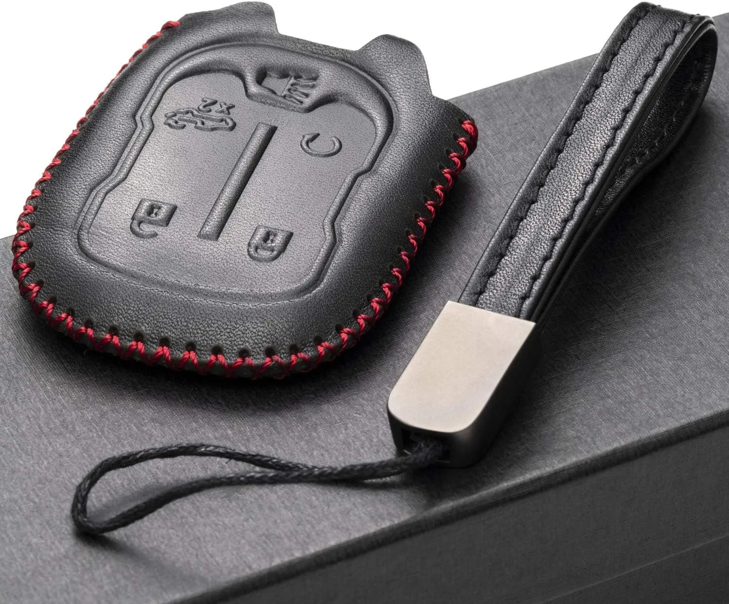 Vitodeco Leather Smart Key Fob Case Compatible with Chevrolet Silverado 1500, 2500, 3500 2019 - 2023, GMC Sierra 2019 - 2023 (5-Button, Black/Red)