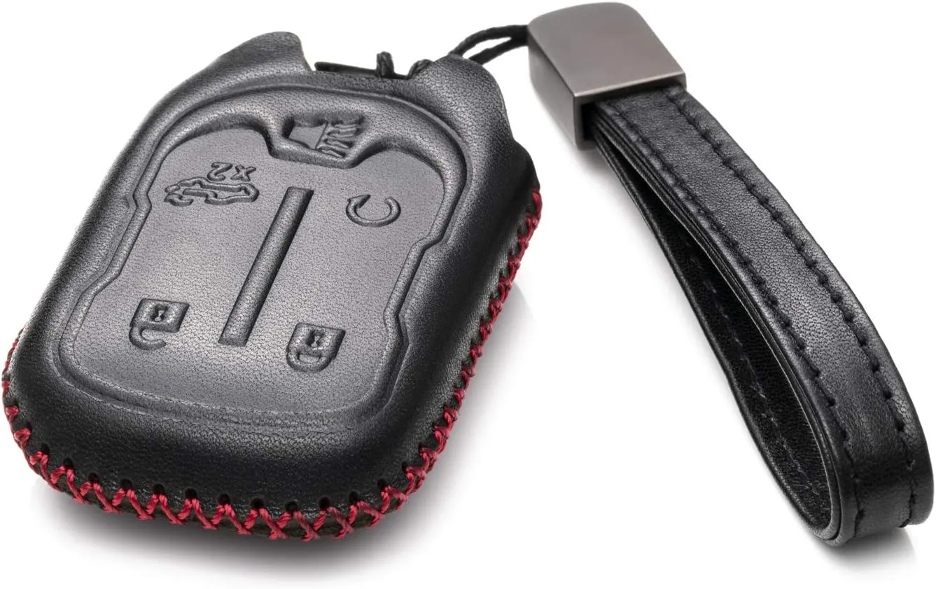 Vitodeco Leather Smart Key Fob Case Compatible with Chevrolet Silverado 1500, 2500, 3500 2019 - 2023, GMC Sierra 2019 - 2023 (5-Button, Black/Red)