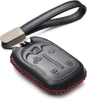Vitodeco Leather Smart Key Fob Case Compatible with Chevrolet Silverado 1500, 2500, 3500 2019 - 2023, GMC Sierra 2019 - 2023 (5-Button, Black/Red)