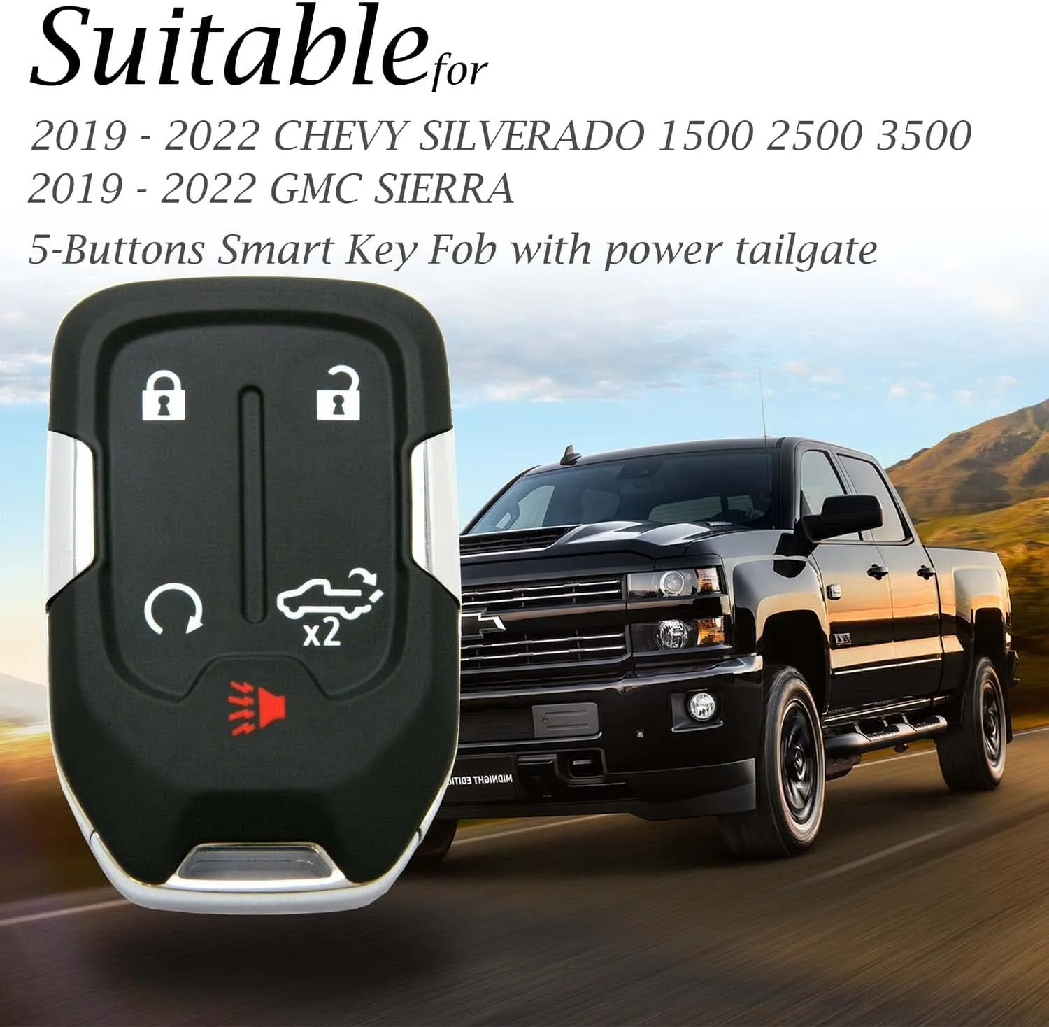 Vitodeco Leather Smart Key Fob Case Compatible with Chevrolet Silverado 1500, 2500, 3500 2019 - 2023, GMC Sierra 2019 - 2023 (5-Button, Black/Red)