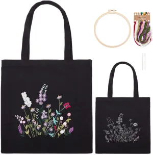 WADORN DIY Canvas Tote Bag Embroidery Kit, Black Personalized Canvas Bag Kit Flower Cross Stitch Kit with Pattern DIY Crafts Embroidery Starter Kit Women Handicrafts Gift