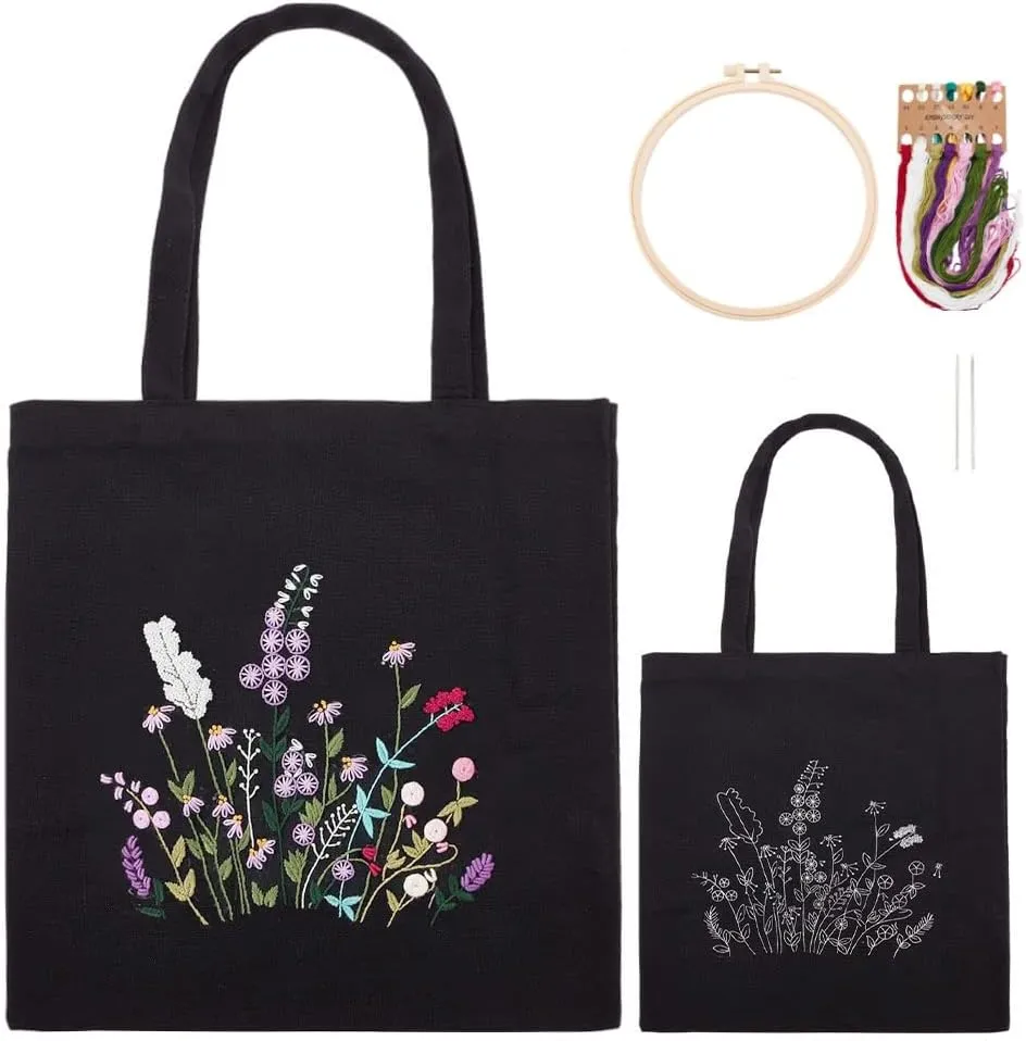 WADORN DIY Canvas Tote Bag Embroidery Kit, Black Personalized Canvas Bag Kit Flower Cross Stitch Kit with Pattern DIY Crafts Embroidery Starter Kit Women Handicrafts Gift