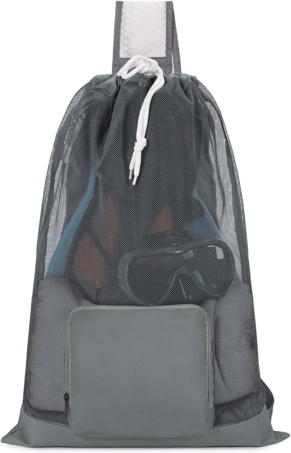WANDF Swim Bag Foldable Mesh Drawstring Bag with Quick-dry Shoulder Strap Beach Backpack with Wet Pocket for Swimming, Gym, and Workout Gear (Grey Patent Pending)