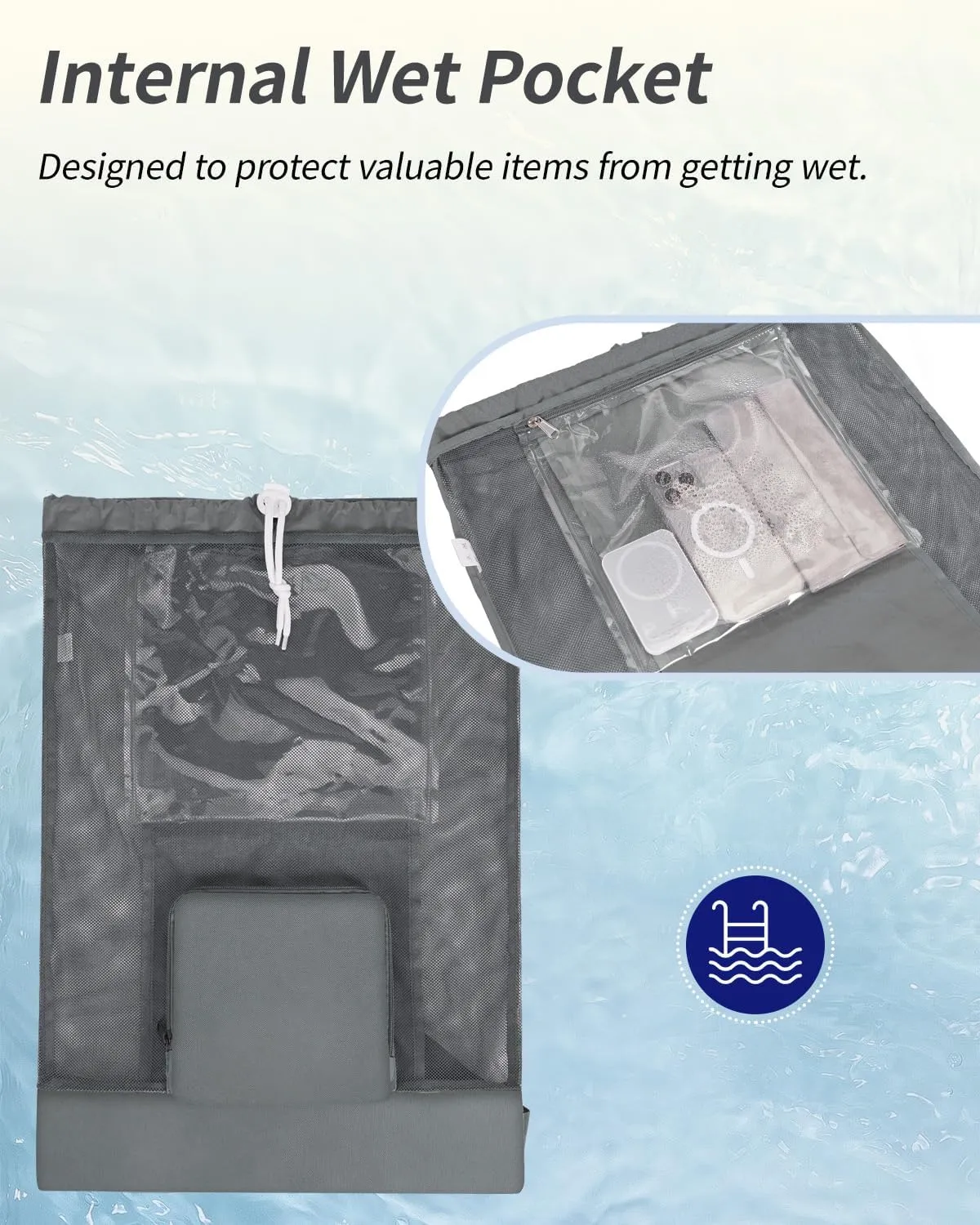 WANDF Swim Bag Foldable Mesh Drawstring Bag with Quick-dry Shoulder Strap Beach Backpack with Wet Pocket for Swimming, Gym, and Workout Gear (Grey Patent Pending)