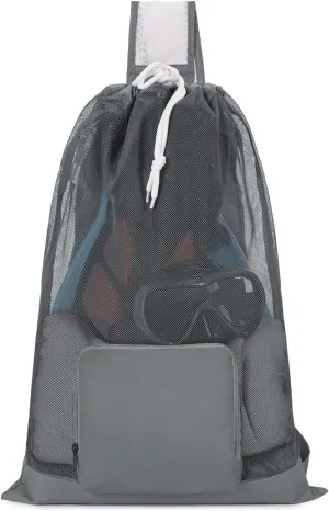 WANDF Swim Bag Foldable Mesh Drawstring Bag with Quick-dry Shoulder Strap Beach Backpack with Wet Pocket for Swimming, Gym, and Workout Gear (Grey Patent Pending)