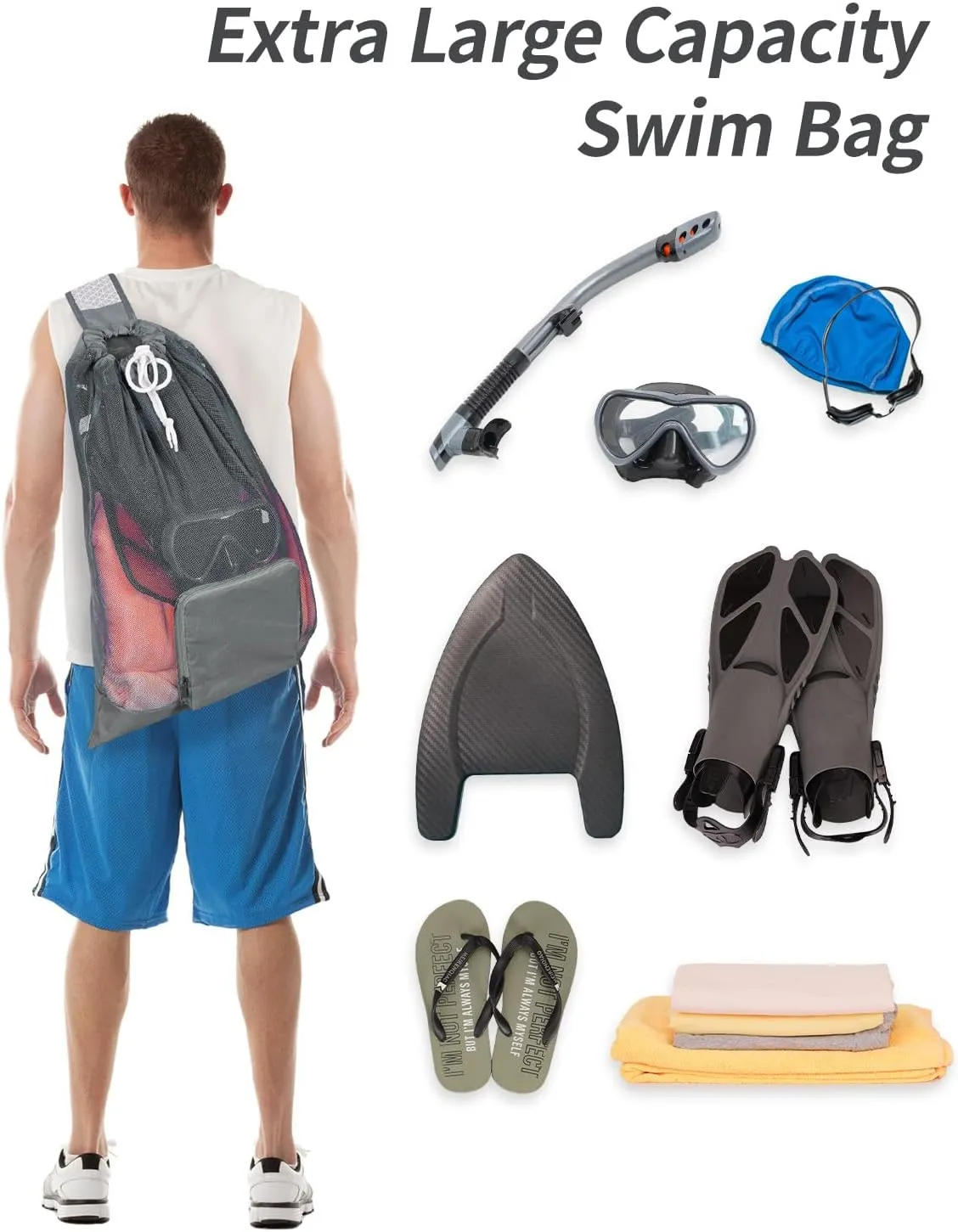 WANDF Swim Bag Foldable Mesh Drawstring Bag with Quick-dry Shoulder Strap Beach Backpack with Wet Pocket for Swimming, Gym, and Workout Gear (Grey Patent Pending)