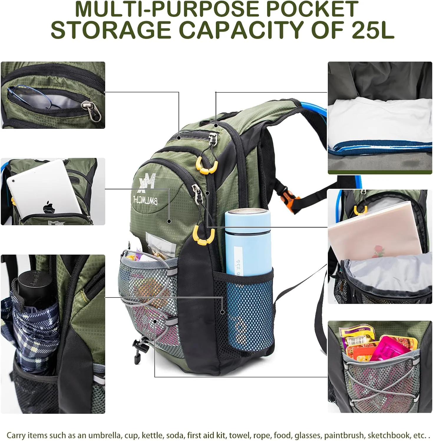 Water Backpack with 2L Water Bladder-Waterproof Insulated Hydration Backpack Women& Men Tactical Lightweight 25L Hydration Backpack with Storage for Hiking Running Biking Cycling