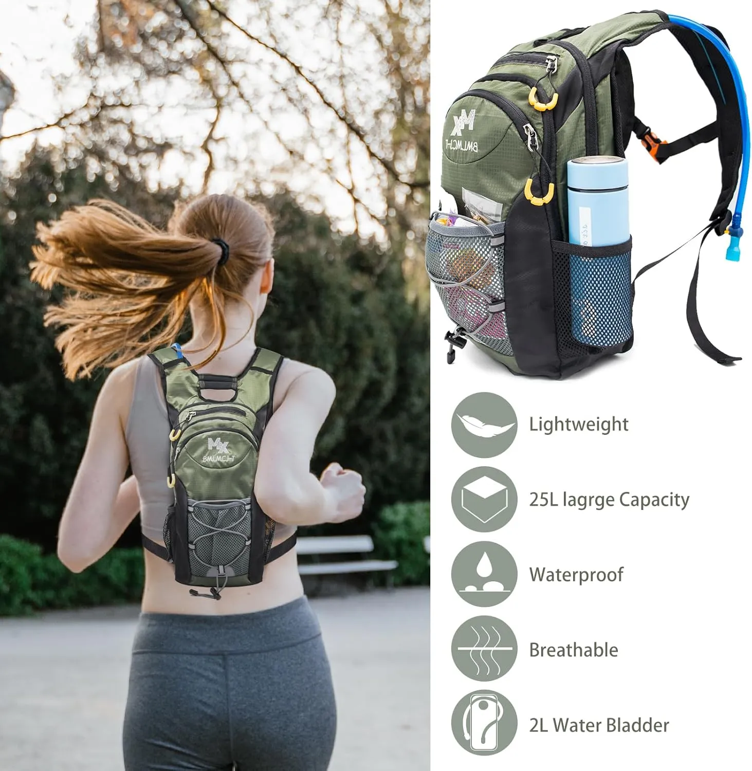 Water Backpack with 2L Water Bladder-Waterproof Insulated Hydration Backpack Women& Men Tactical Lightweight 25L Hydration Backpack with Storage for Hiking Running Biking Cycling