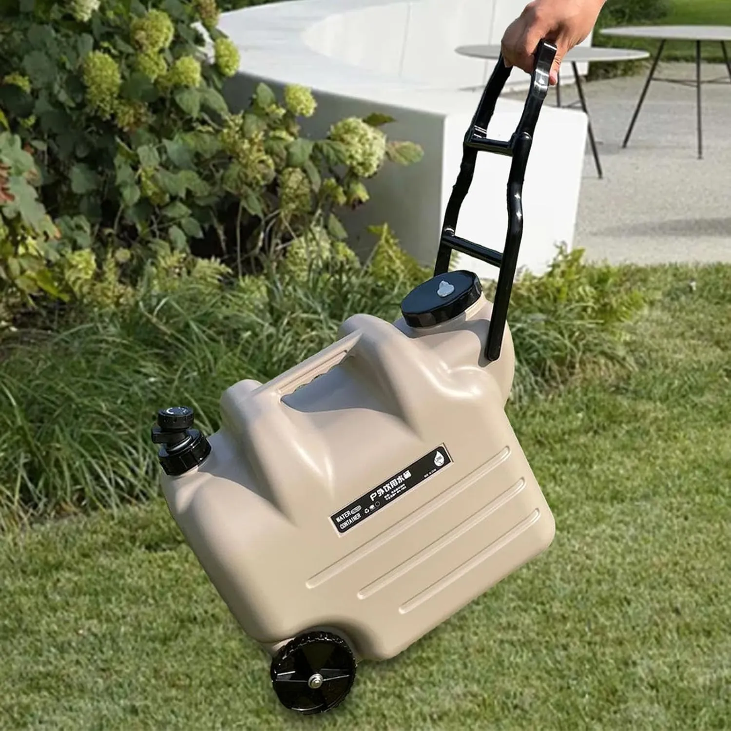 Water Container Water Tank with Wheels 28L with Spigot with Screw Lid Water Storage Carrier Water Barrel for Camping Bath RV, Khaki