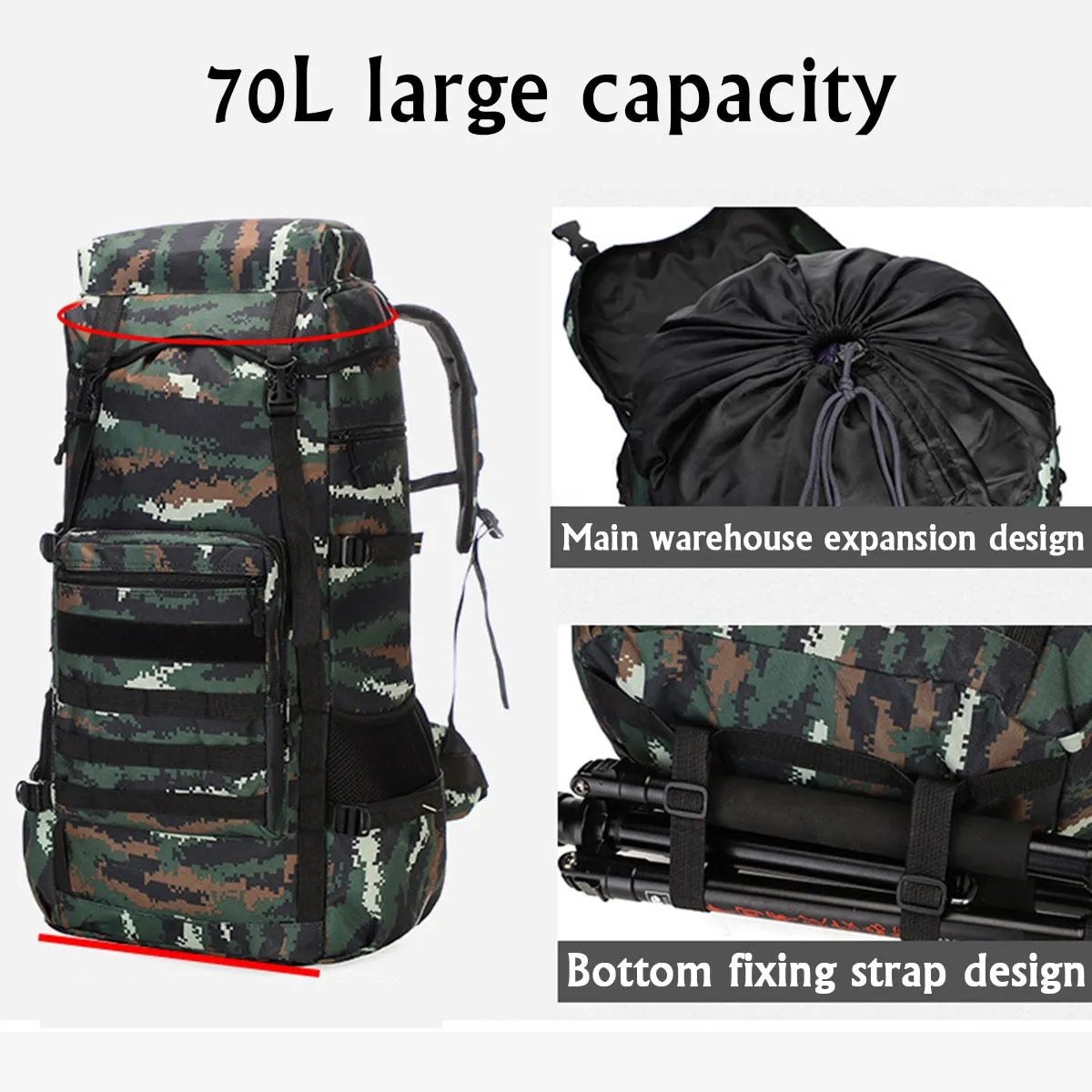 Water-Resistant Military Backpack for Outdoor Camping, 70L