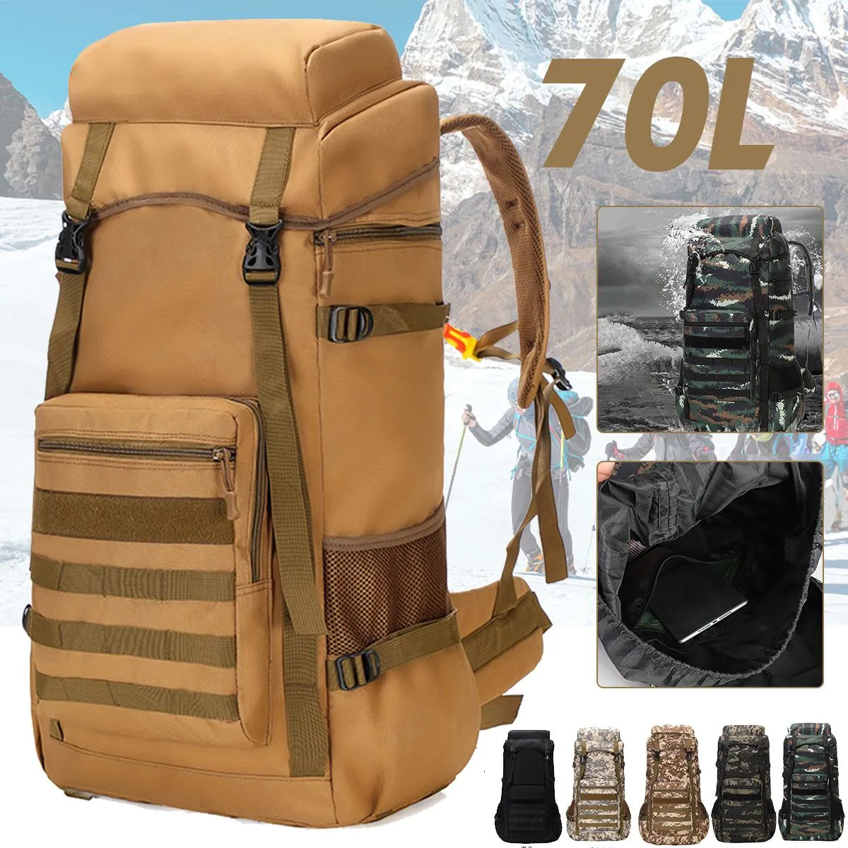 Water-Resistant Military Backpack for Outdoor Camping, 70L