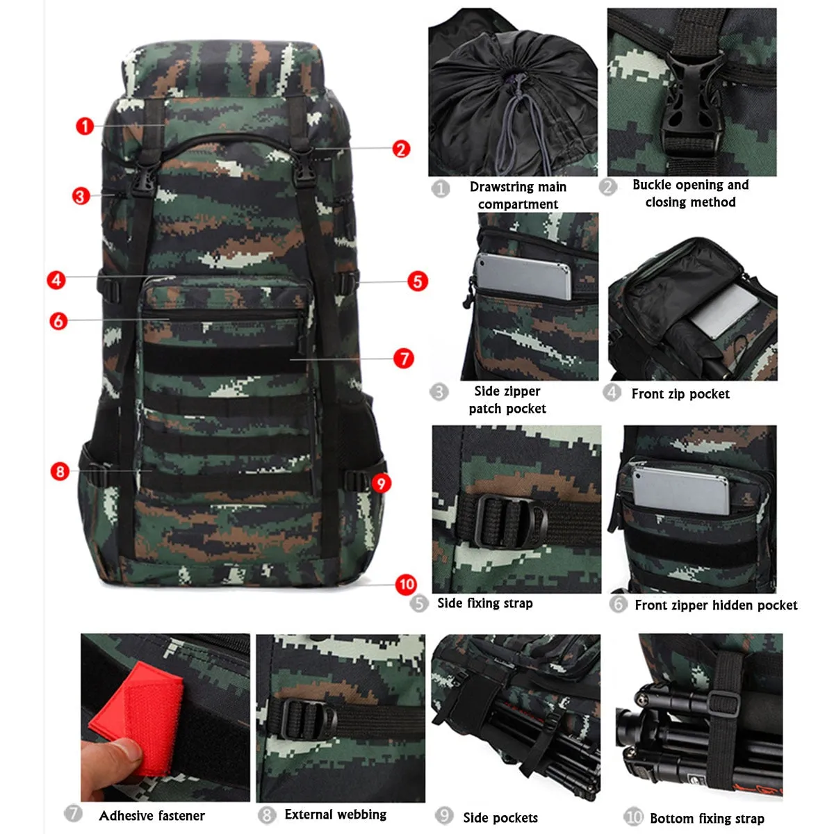 Water-Resistant Military Backpack for Outdoor Camping, 70L