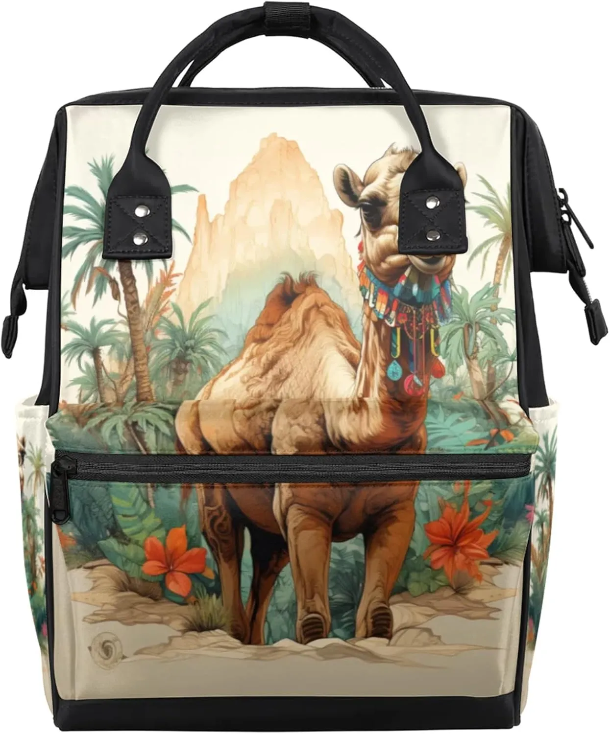 Watercolor Camel Coconut Tree Flower Diaper Bag Mommy Bags With Adjustable Shoulder Strap Waterproof Multifunction Shoulder Bag Travel Large Capacity Backpack for Moms And Dads