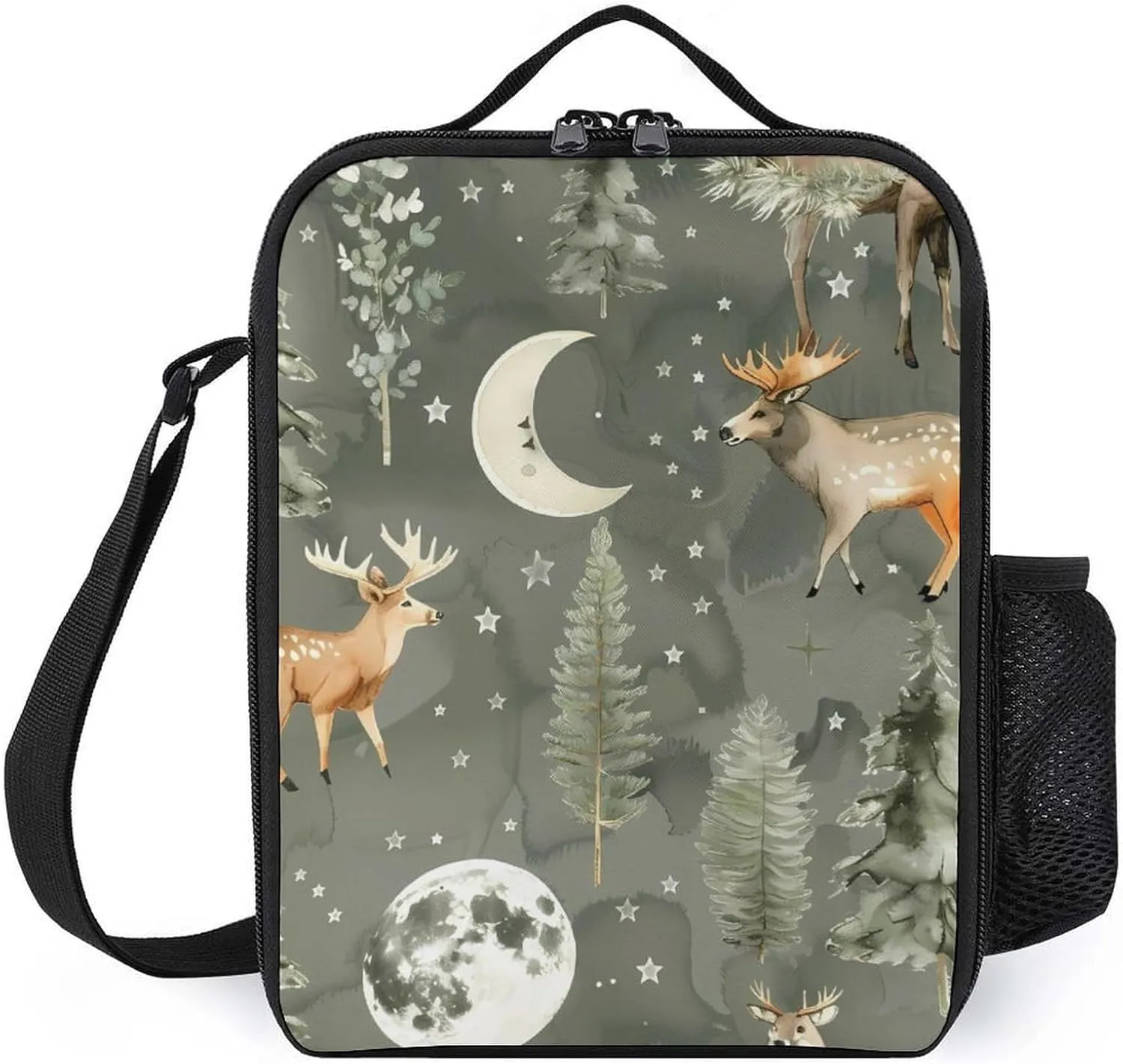 Watercolor Deer Moon Portable Lunch Bag Shoulder Bag Insulated Lunch Box Holder Tote Handbag For Work Office Travel