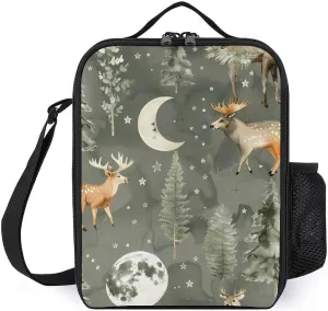 Watercolor Deer Moon Portable Lunch Bag Shoulder Bag Insulated Lunch Box Holder Tote Handbag For Work Office Travel