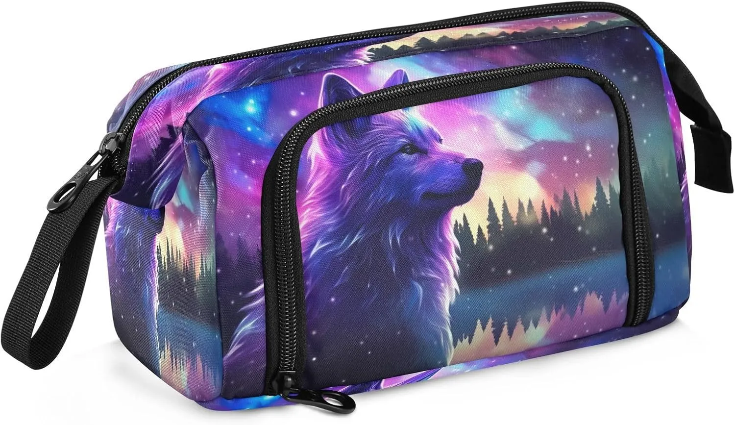 Watercolor Galaxy Stars Wolf Pencil Case Pouch Big Capacity Pencil Bag Box Organizer Pen Case with Zipper Pencil Cases for Girls Boys Women Kids Adults School