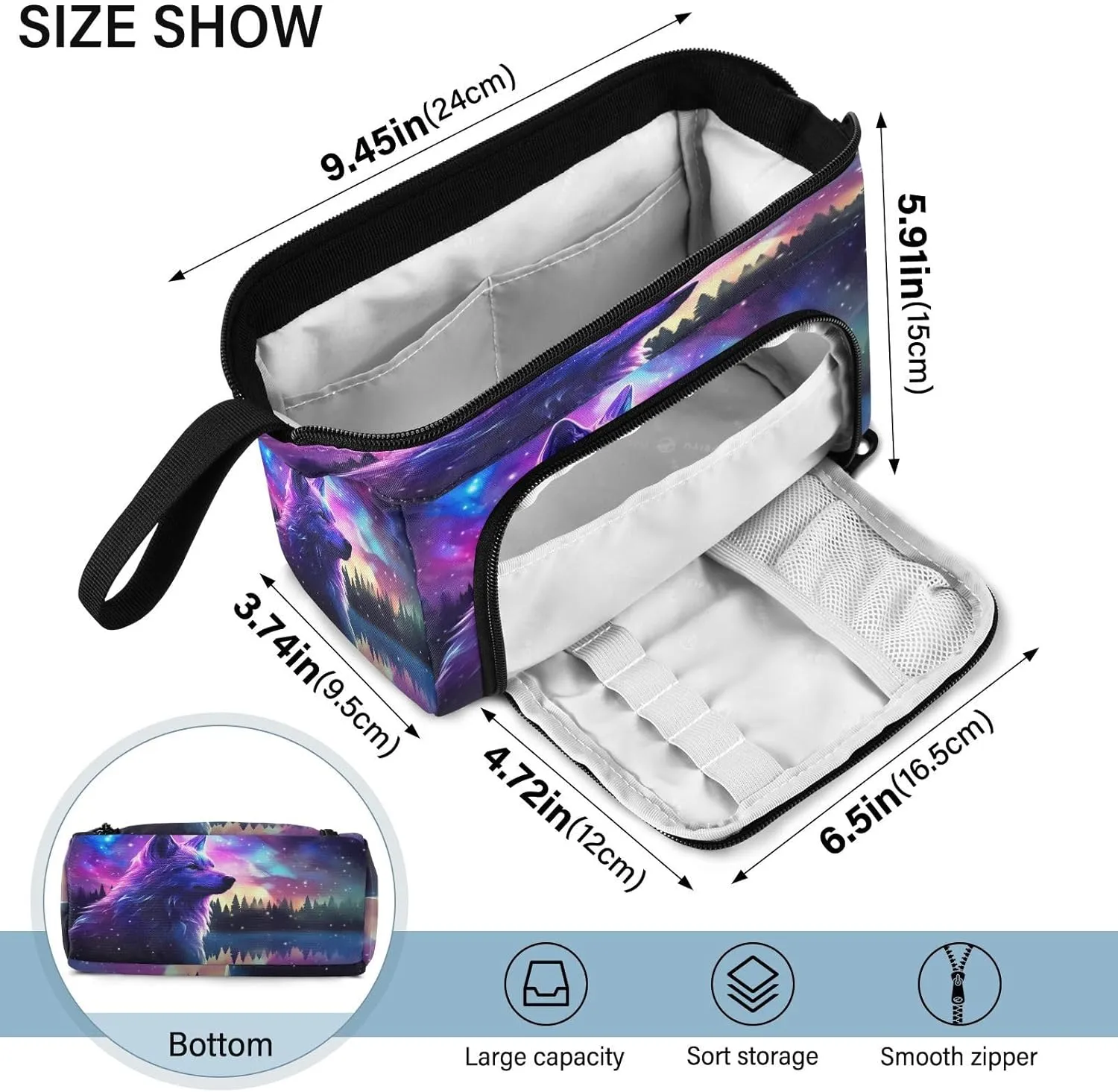 Watercolor Galaxy Stars Wolf Pencil Case Pouch Big Capacity Pencil Bag Box Organizer Pen Case with Zipper Pencil Cases for Girls Boys Women Kids Adults School