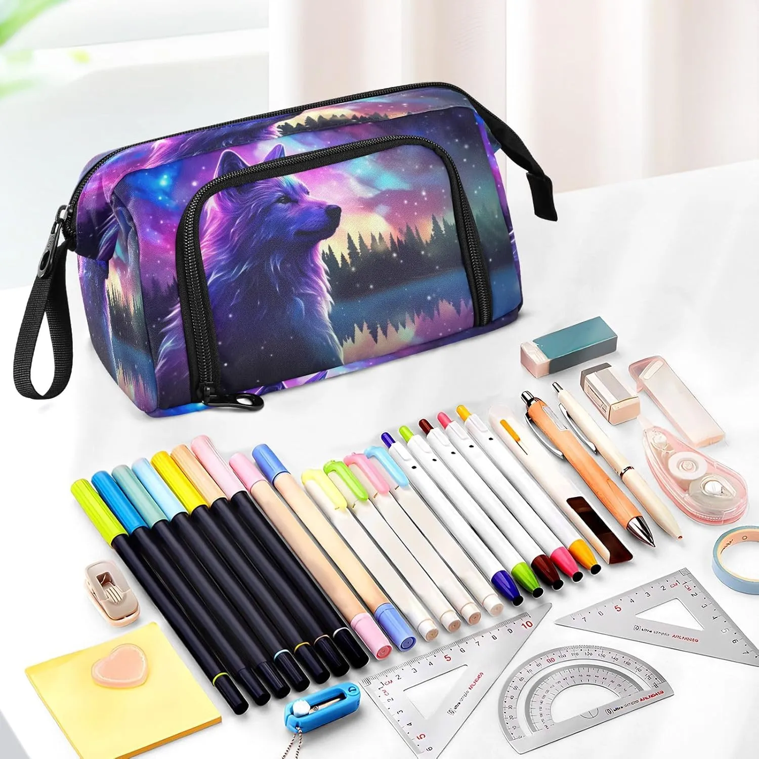 Watercolor Galaxy Stars Wolf Pencil Case Pouch Big Capacity Pencil Bag Box Organizer Pen Case with Zipper Pencil Cases for Girls Boys Women Kids Adults School