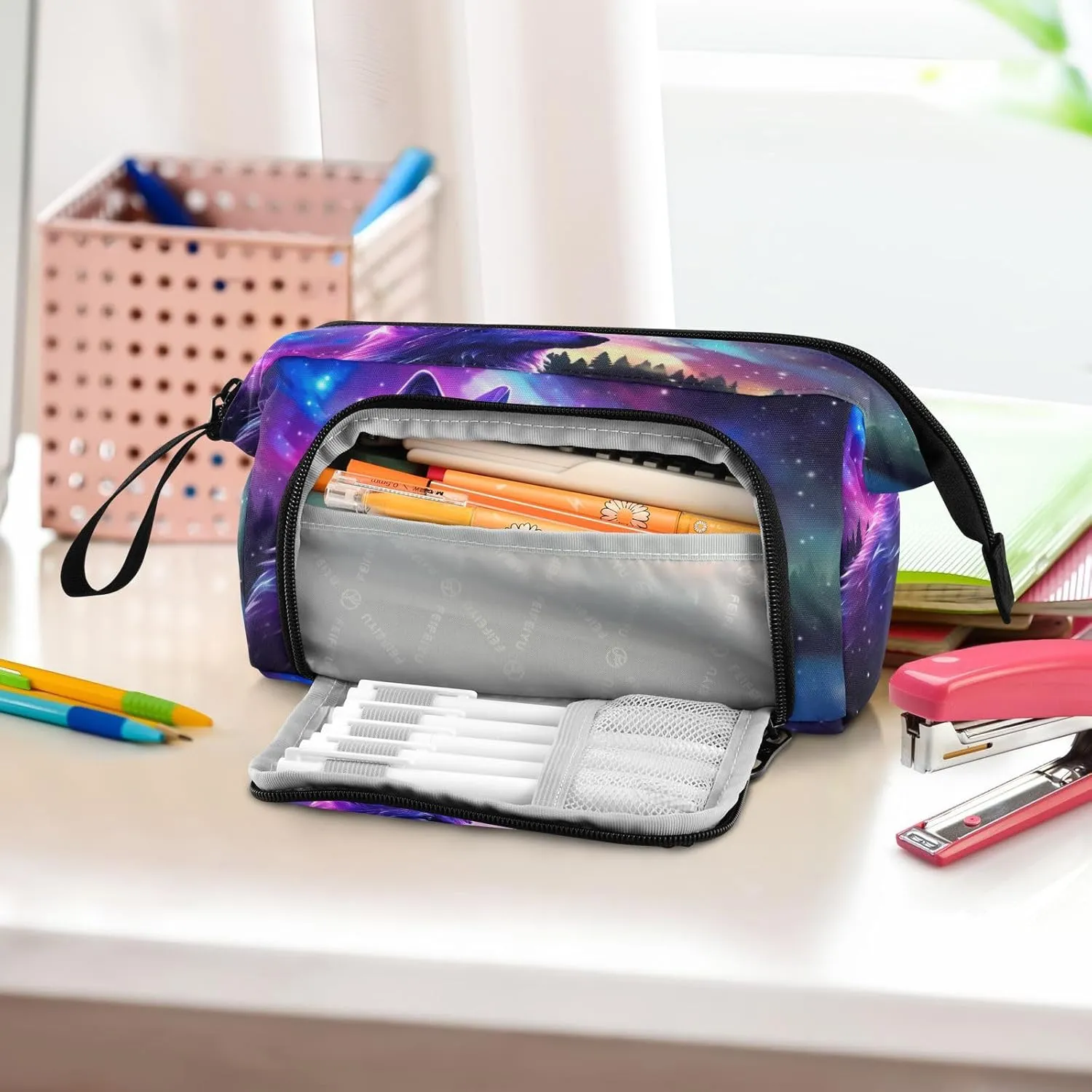 Watercolor Galaxy Stars Wolf Pencil Case Pouch Big Capacity Pencil Bag Box Organizer Pen Case with Zipper Pencil Cases for Girls Boys Women Kids Adults School