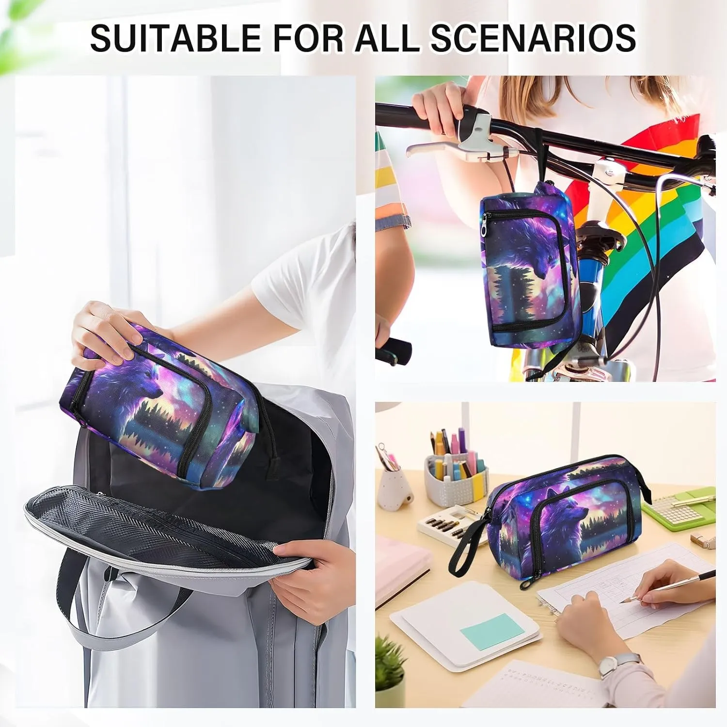 Watercolor Galaxy Stars Wolf Pencil Case Pouch Big Capacity Pencil Bag Box Organizer Pen Case with Zipper Pencil Cases for Girls Boys Women Kids Adults School