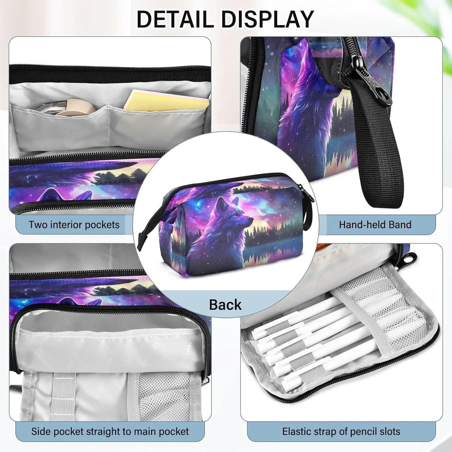 Watercolor Galaxy Stars Wolf Pencil Case Pouch Big Capacity Pencil Bag Box Organizer Pen Case with Zipper Pencil Cases for Girls Boys Women Kids Adults School