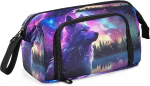 Watercolor Galaxy Stars Wolf Pencil Case Pouch Big Capacity Pencil Bag Box Organizer Pen Case with Zipper Pencil Cases for Girls Boys Women Kids Adults School