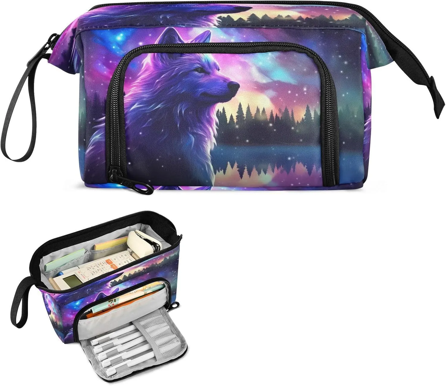 Watercolor Galaxy Stars Wolf Pencil Case Pouch Big Capacity Pencil Bag Box Organizer Pen Case with Zipper Pencil Cases for Girls Boys Women Kids Adults School