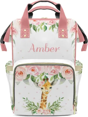 Watercolor Pink Floral Giraffe Diaper Bags Custom Name Backpack Personalized Baby Nappy Travel Tote Bag for Mom Gift