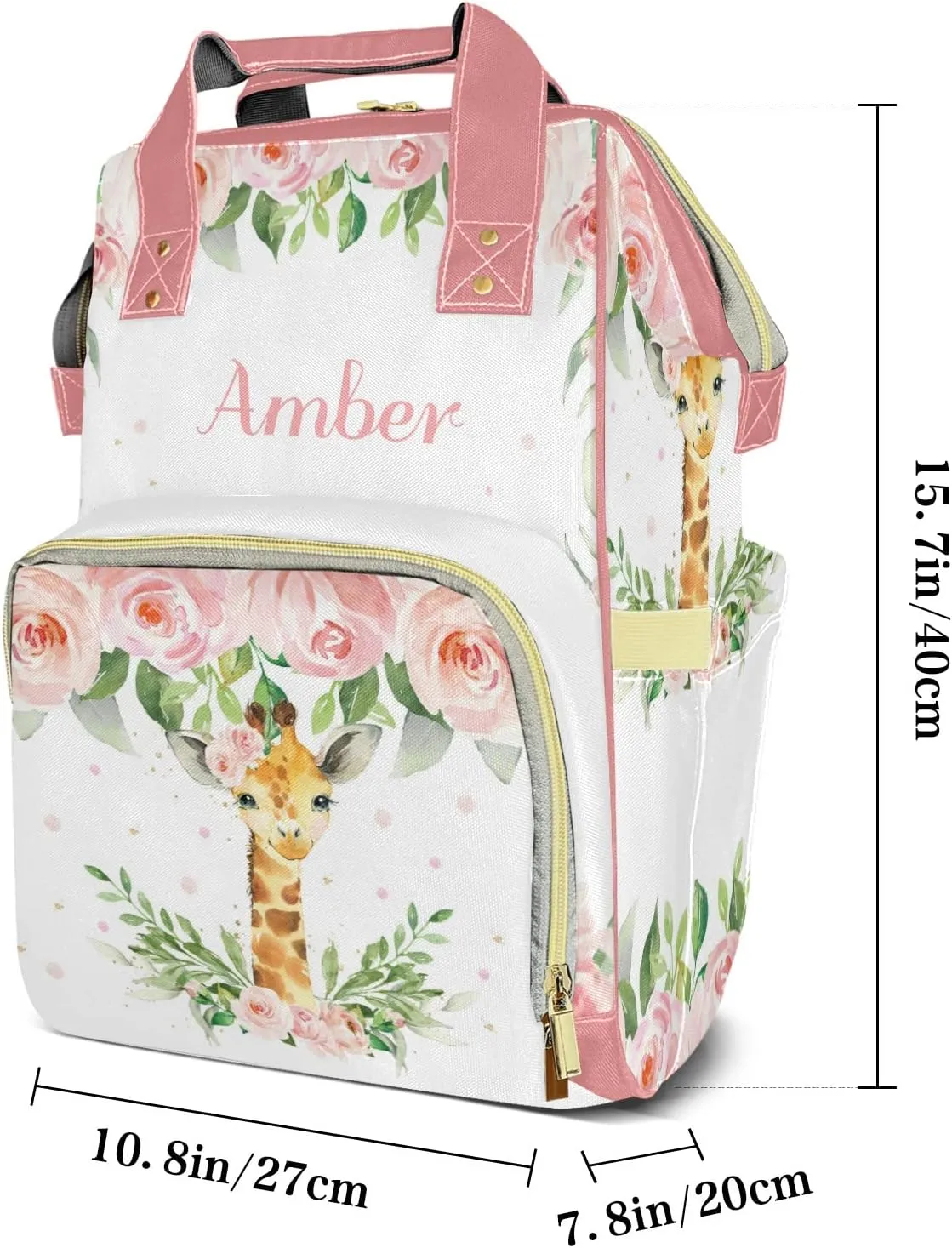 Watercolor Pink Floral Giraffe Diaper Bags Custom Name Backpack Personalized Baby Nappy Travel Tote Bag for Mom Gift