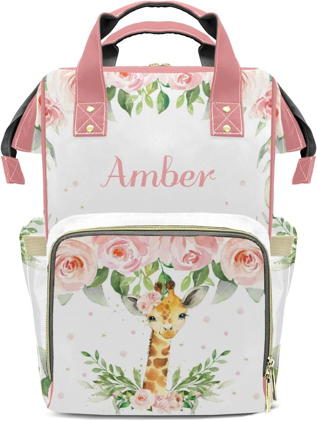 Watercolor Pink Floral Giraffe Diaper Bags Custom Name Backpack Personalized Baby Nappy Travel Tote Bag for Mom Gift