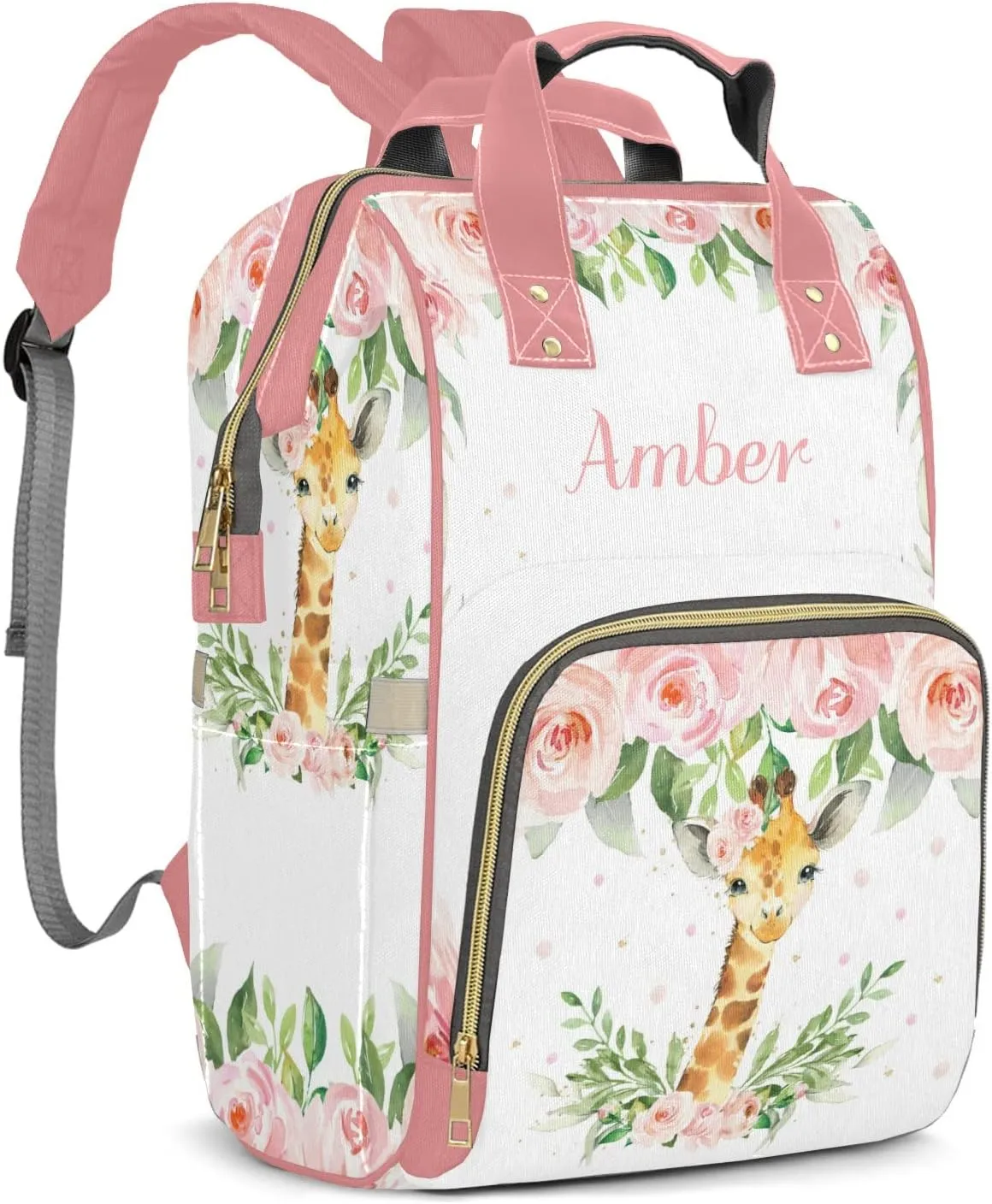 Watercolor Pink Floral Giraffe Diaper Bags Custom Name Backpack Personalized Baby Nappy Travel Tote Bag for Mom Gift