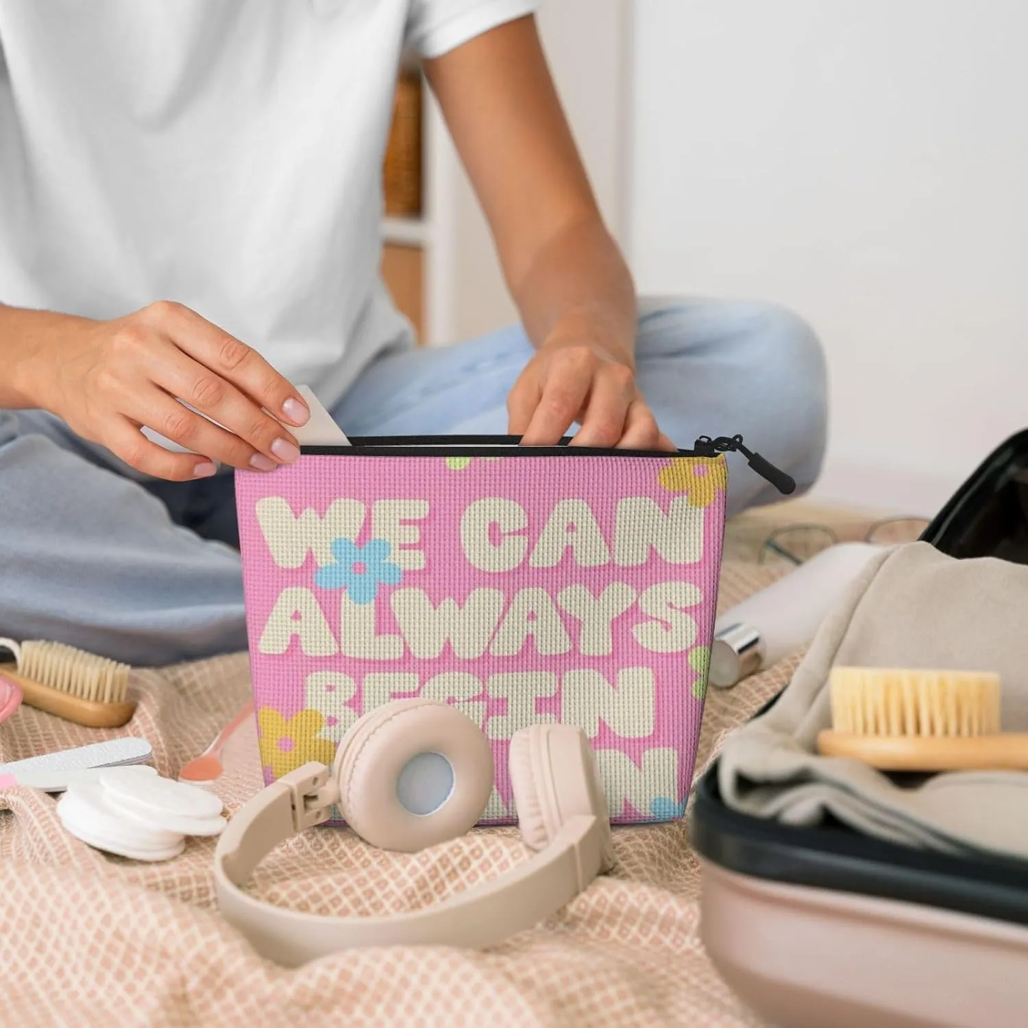 We Can Always Begin Again Makeup Bag Birthday Gift Mother'S Day Gifts Are The Internal Capacity Is Large Light And Cute Suitable For Daily Life Travel Etc