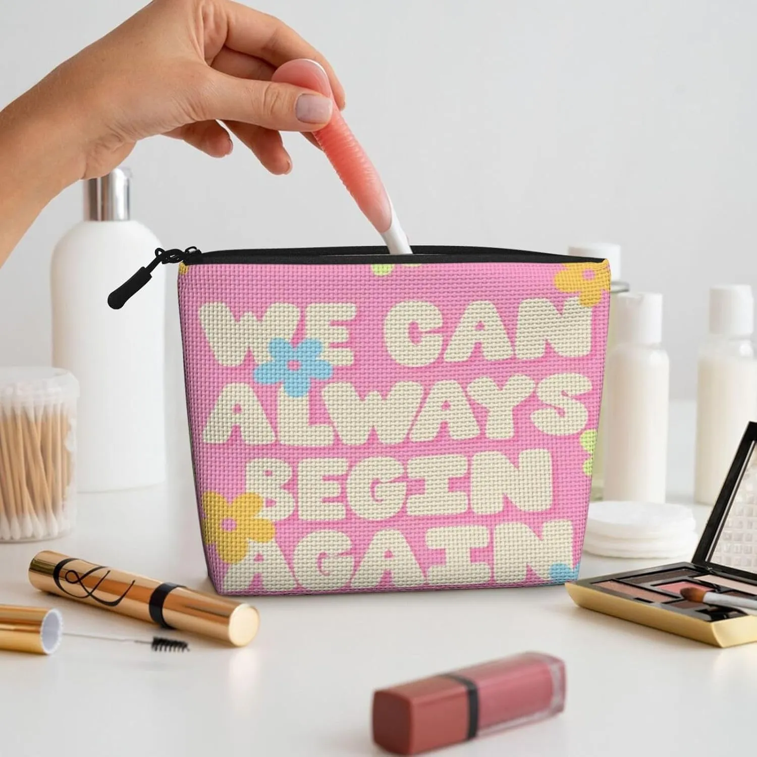 We Can Always Begin Again Makeup Bag Birthday Gift Mother'S Day Gifts Are The Internal Capacity Is Large Light And Cute Suitable For Daily Life Travel Etc