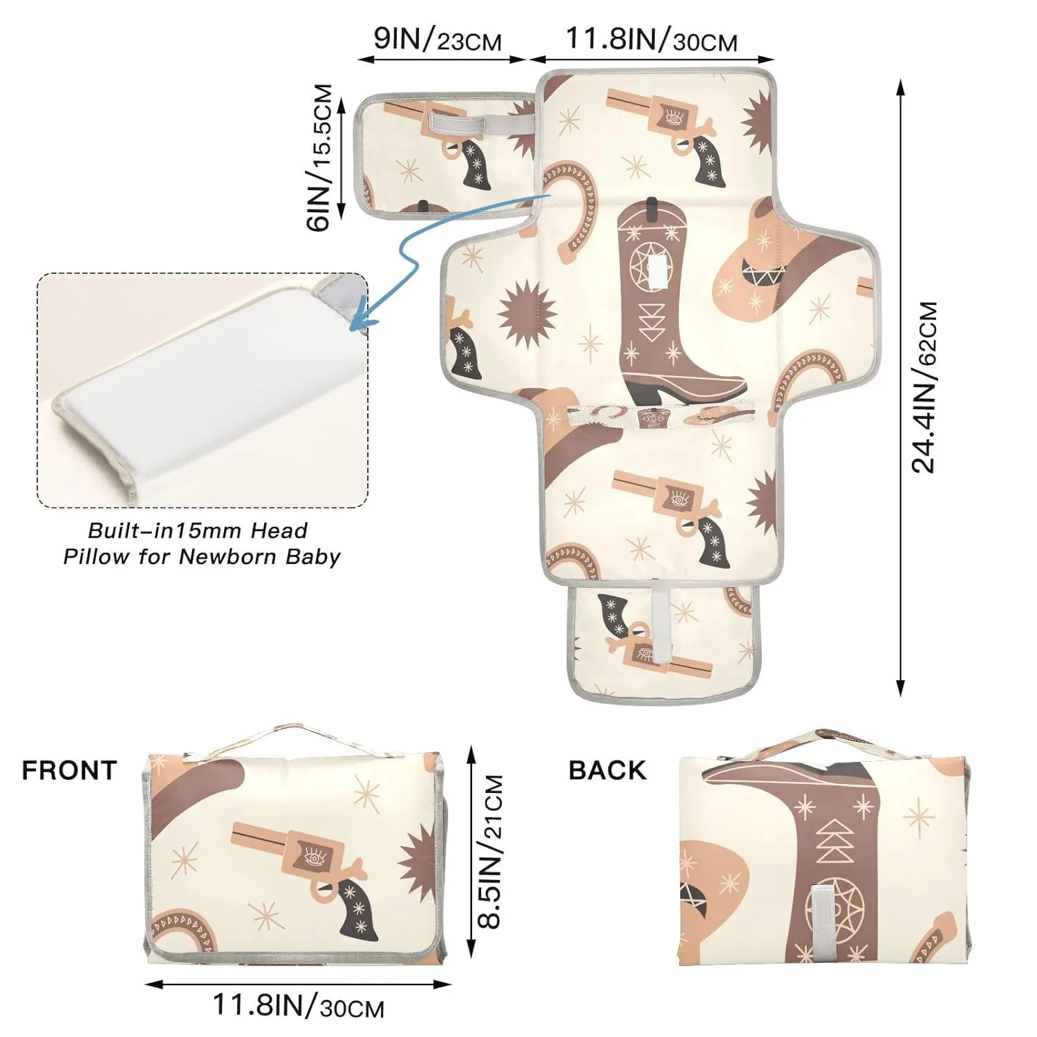 Western Pattern Boho Print Baby Portable Changing Pads America Tribal Cowboy Newborn Diaper Changing Mat Reusable Diaper Changing Station for Baby Toddlers Girls Boys Shower Gifts