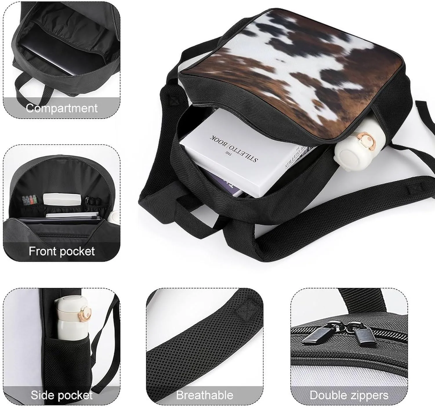 White And Brown Cowhide Large Capacity Fully Printed Portable Backpack Unisex