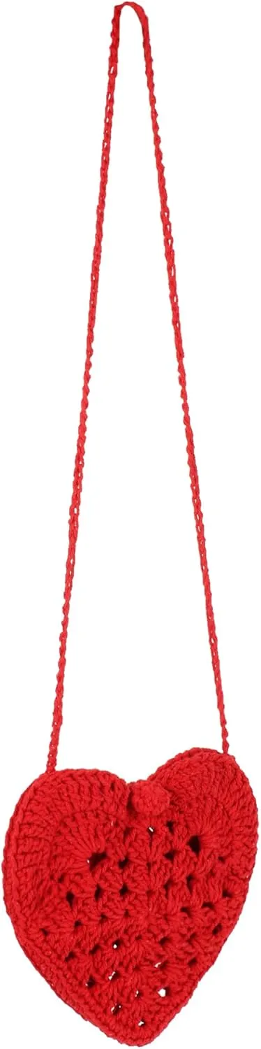 Women Girls Mini Heart Shape Cotton thread Crochet Crossbody Shoulder Bag Handbag Purse