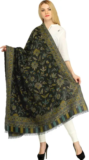 Women Reversible Jamawar Wool Shawl with Woven Flowers | Ethnic Beautiful Floral Weave Stole, Dupatta