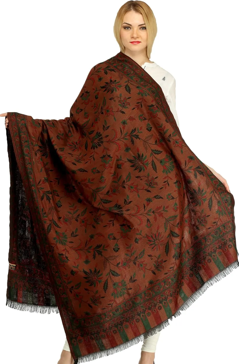 Women Reversible Jamawar Wool Shawl with Woven Flowers | Ethnic Beautiful Floral Weave Stole, Dupatta