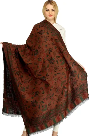 Women Reversible Jamawar Wool Shawl with Woven Flowers | Ethnic Beautiful Floral Weave Stole, Dupatta
