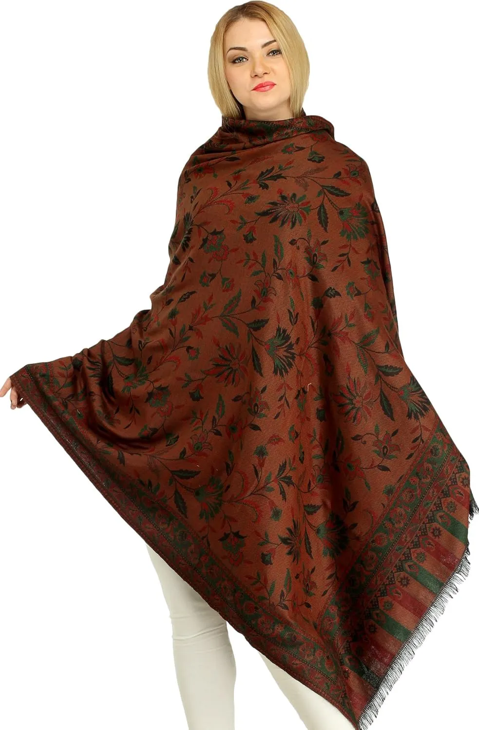 Women Reversible Jamawar Wool Shawl with Woven Flowers | Ethnic Beautiful Floral Weave Stole, Dupatta