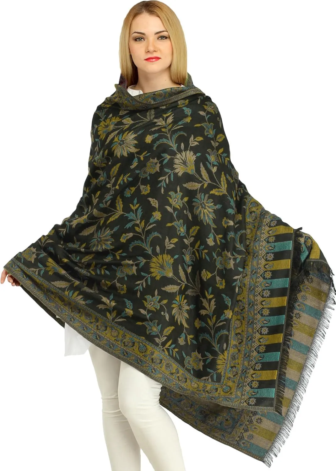 Women Reversible Jamawar Wool Shawl with Woven Flowers | Ethnic Beautiful Floral Weave Stole, Dupatta