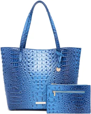 Women Tote Purses Crocodile-Embossed Pattern Shoulder Bag 2pcs PU Top Handle Handbag and Wallet