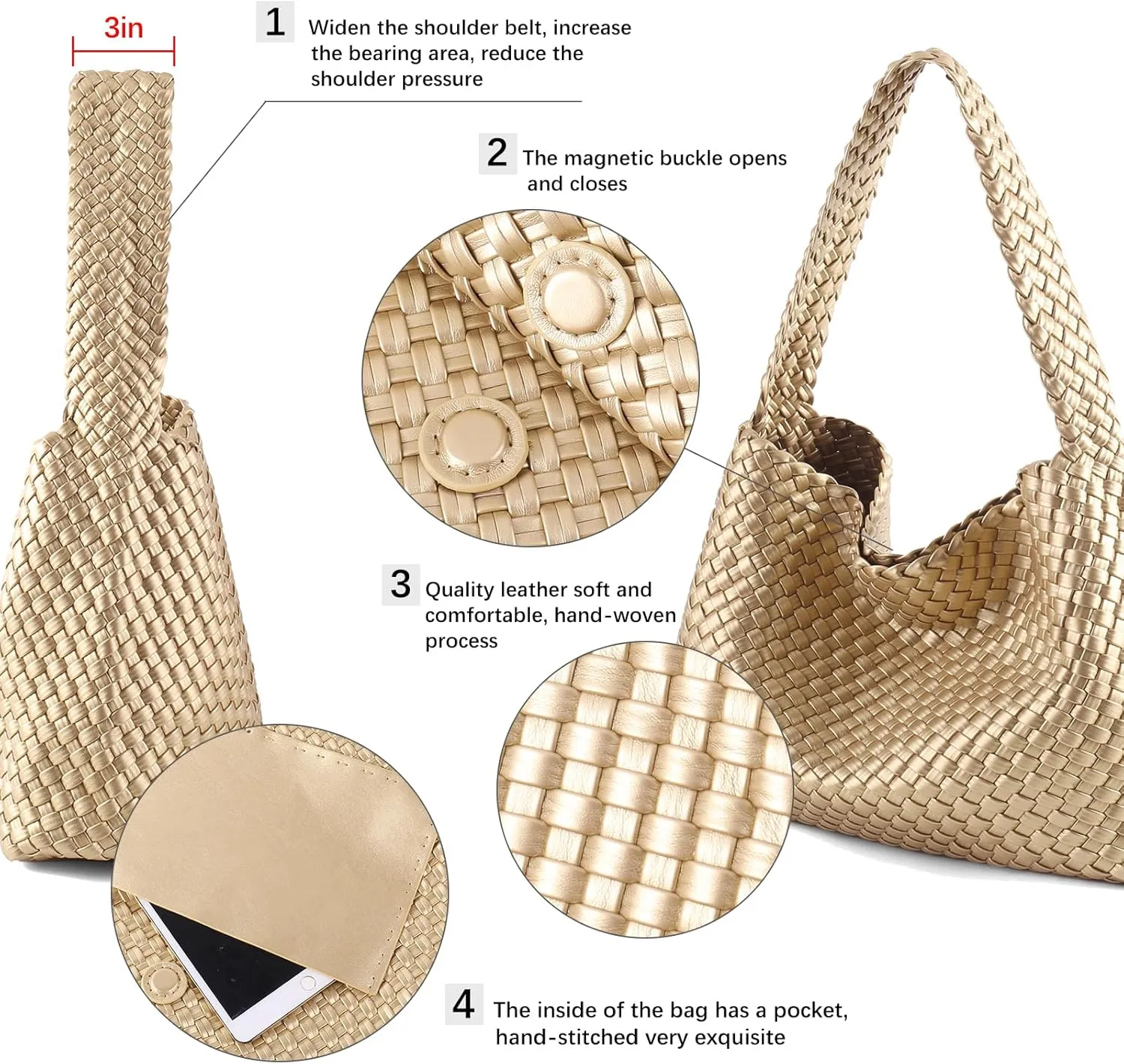 Women Vegan Leather Handmade Tote Bag Large Shoulder Top-handle Bag All-Match Underarm Bag with Purse Beach Handbag