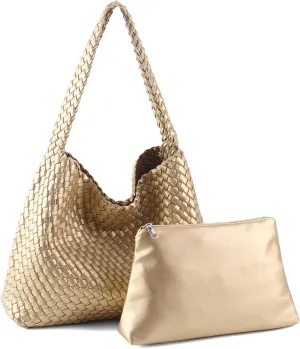 Women Vegan Leather Handmade Tote Bag Large Shoulder Top-handle Bag All-Match Underarm Bag with Purse Beach Handbag