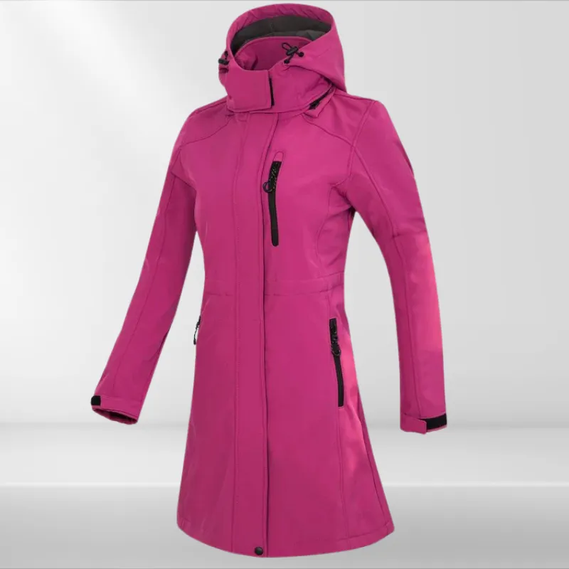 Women Waterproof long softshell outdoor hiking jacket with polar fleece lining