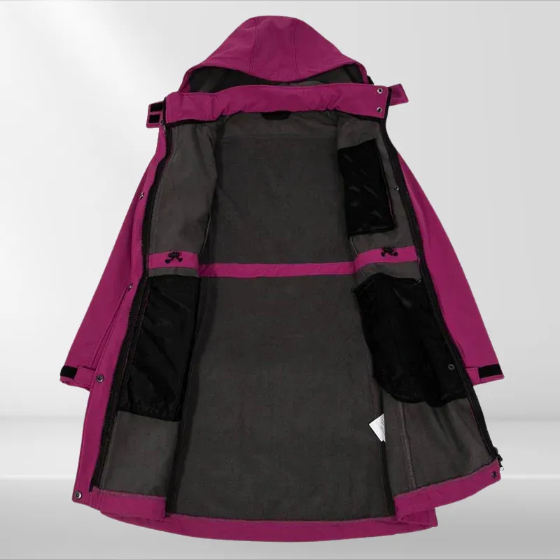 Women Waterproof long softshell outdoor hiking jacket with polar fleece lining