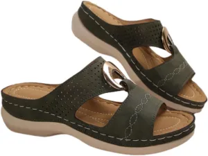 Women's Classic Leather Sandals Lightweight Flat Sandals Cute Hollow Out Flower One Stirrup Casual Walking Slippers, 4