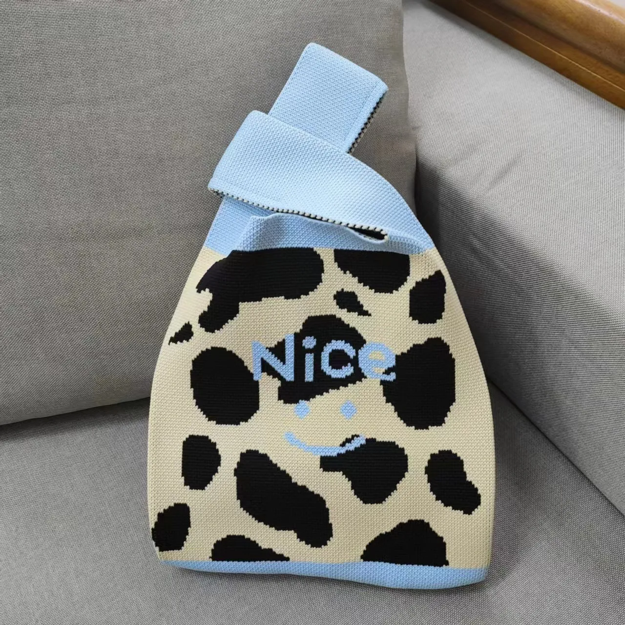 Women's Cow Spot Wool Knitted Woven Underarm Shoulder Bags
