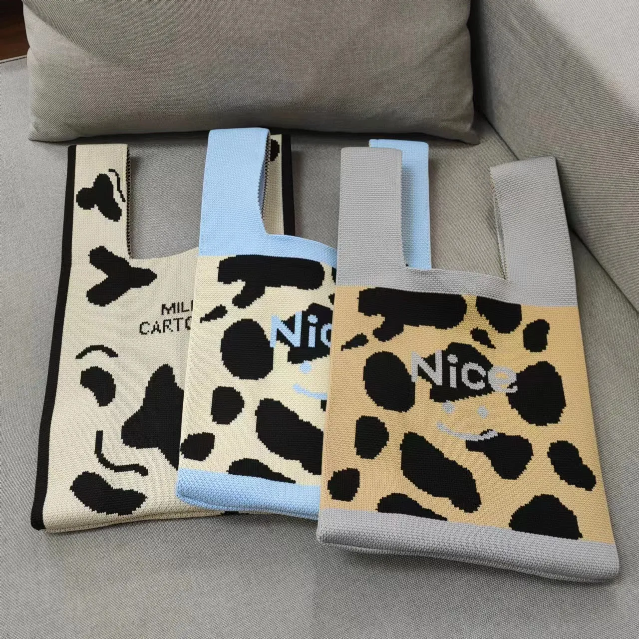 Women's Cow Spot Wool Knitted Woven Underarm Shoulder Bags